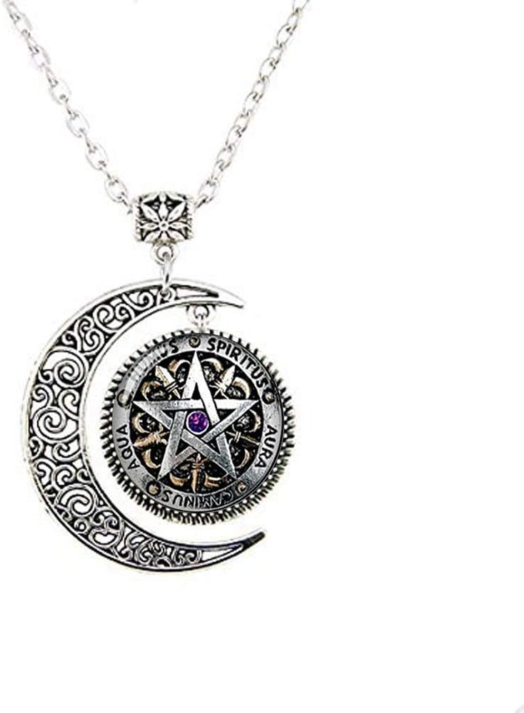 Wiccan Protection Moon Necklace, Pagan PentagramMoon Necklace, Glass Dome Gift Women Men