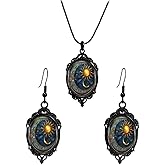 MarveBard Gothic Mystery Witch Cameo Necklace Earrings Set Vintage Sun Moon Glass Pendant Necklace Victorian Style Spiral Sun Crescent Crystal Dangle Drop Earrings Goth Halloween Jewelry for Women