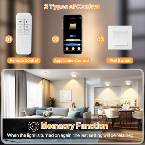 URing 4 x LED Surface-Mounted Spotlights, Dimmable, IP65 Ceiling Light, Surface-Mounted with Remote Control, App, 12 W Ceiling Spotlights, White, 2700 K - 6500 K, Surface-Mounted Spotlight, Flat Aluminium, 230 V Ceiling Light, Round Bathroom Lamp, Diameter 10 cm