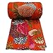 Floral Print Decorative Kantha Stitch Quilt Pure Cotton Reversible Bedspread Orange Gudri Queen Size Bedspread