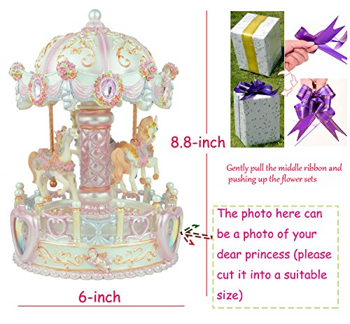 ACCOCO Large Carousel Music Box Luxury Color Change LED Light Luminous Rotating 3-horse Merry-Go-Round Music Box,Two Melody Carrying You from Castle in the Sky and Swan Lank (Pink)