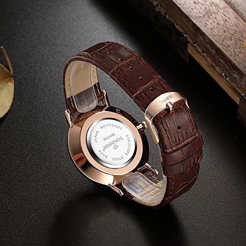 Tonnier Stainless Steel Slim Men Watch Quartz Watch Black Face (Brown Leather with Rose Gold Case)