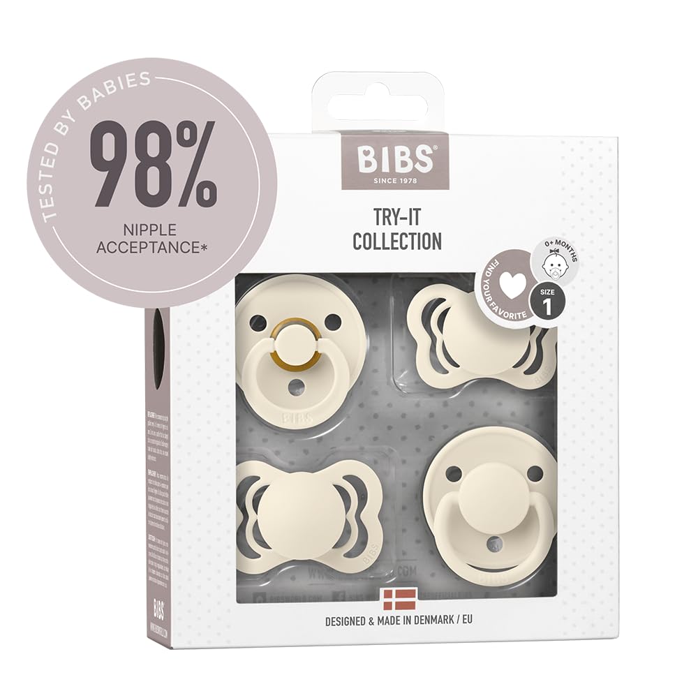 BIBS Try-it Dummies 4-Pack. BPA Free, Round, Symmetrical and Anatomical Nipple. Natural Rubber/Silicone, Size 1 (0-6 Months), Ivory