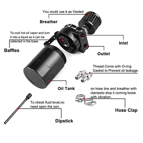 Tuijodaix Universal Baffled Oil Catch Tank Can 300ml with Breather Aluminum Compact Dual Cylinder Polish Engine Air Oil Separator Tank Reservoir Kit Black