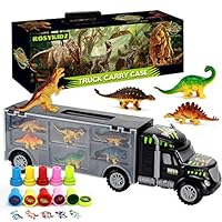 ROSYKIDZ Dinosaurs Transport Car with Dinosaur Toys, Carrier Truck Toy with 6 Dino and 10pcs Dinosaur Stamps, Tractor Trailer Toy Set for Kids Age 3 4 5 6 7 8 Years Old Boys Girls Gifts