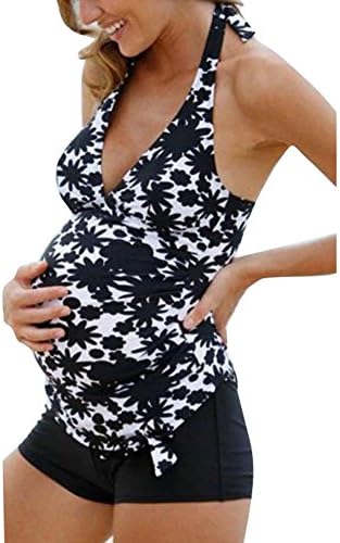 Maternity Swimsuit - Women's Plus Size Pregnancy Swimming Costume Halter with Floral/Polka Dot/Stripes Tankinis Swimsuit Beachwear