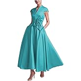 Caodip Satin Mother of The Bride Dresses for Women Tea Length Cap Sleeve Wedding Guest Dress A Line Evening Gown
