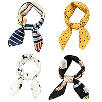 Hixixi 4 PCS 50s Satin Neck Scarf Floral Feather Striped Small Square Neckerchief Headbands Head Scarf for Women Girl (Multicolor C#)