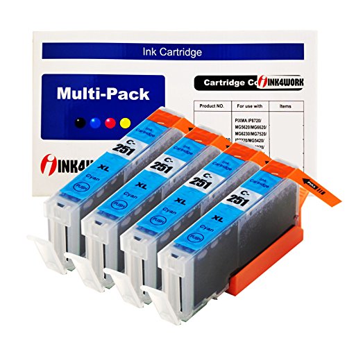 4 Pack INK4WORK Compatible Replacement For CLI-251XL CLI-251 XL Cyan Ink Cartridge For PIXMA MX722 MX922 iP7220 iP8720 iX6820 MG5420 MG5422 MG5520 MG5522 MG5620 ....