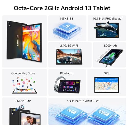 Android 13 Tablet 2025 Latest 10 inch Octa-Core Tableta, 128GB ROM+16GB RAM (8+8 Virtual)+1TB Expand, 5G WiFi Tablets with 13MP+8MP Camera, 8000 mAh Battery, 2 in 1 Tablet with Keyboard, Mouse, Case