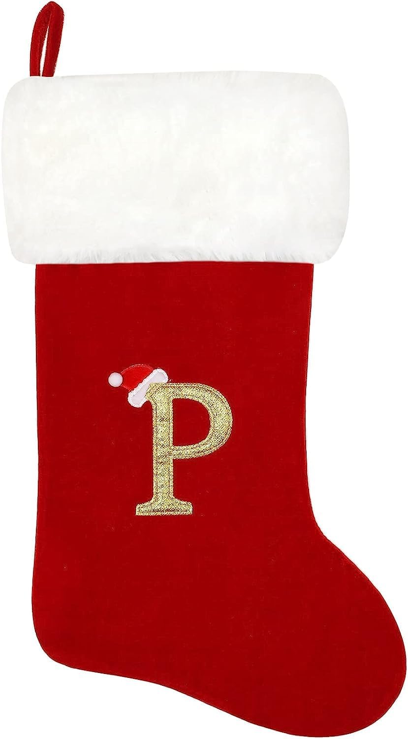 Stockings & Holders - SherryDC Personalized Letter Christmas Stockings, Soft Velvet Plush Cuff Embroidered Xmas Stockings Decorations for Family Holiday Season Decor(Letter P)
