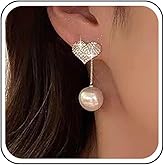 Erimberate Bohemian Crystal Heart Pearl Jacket Earrings Gold Cz Paved Heart Earrings Round Pearl Dangle Earrings Tiny Rhinestone Heart Earrings Jewelry for Women Gifts