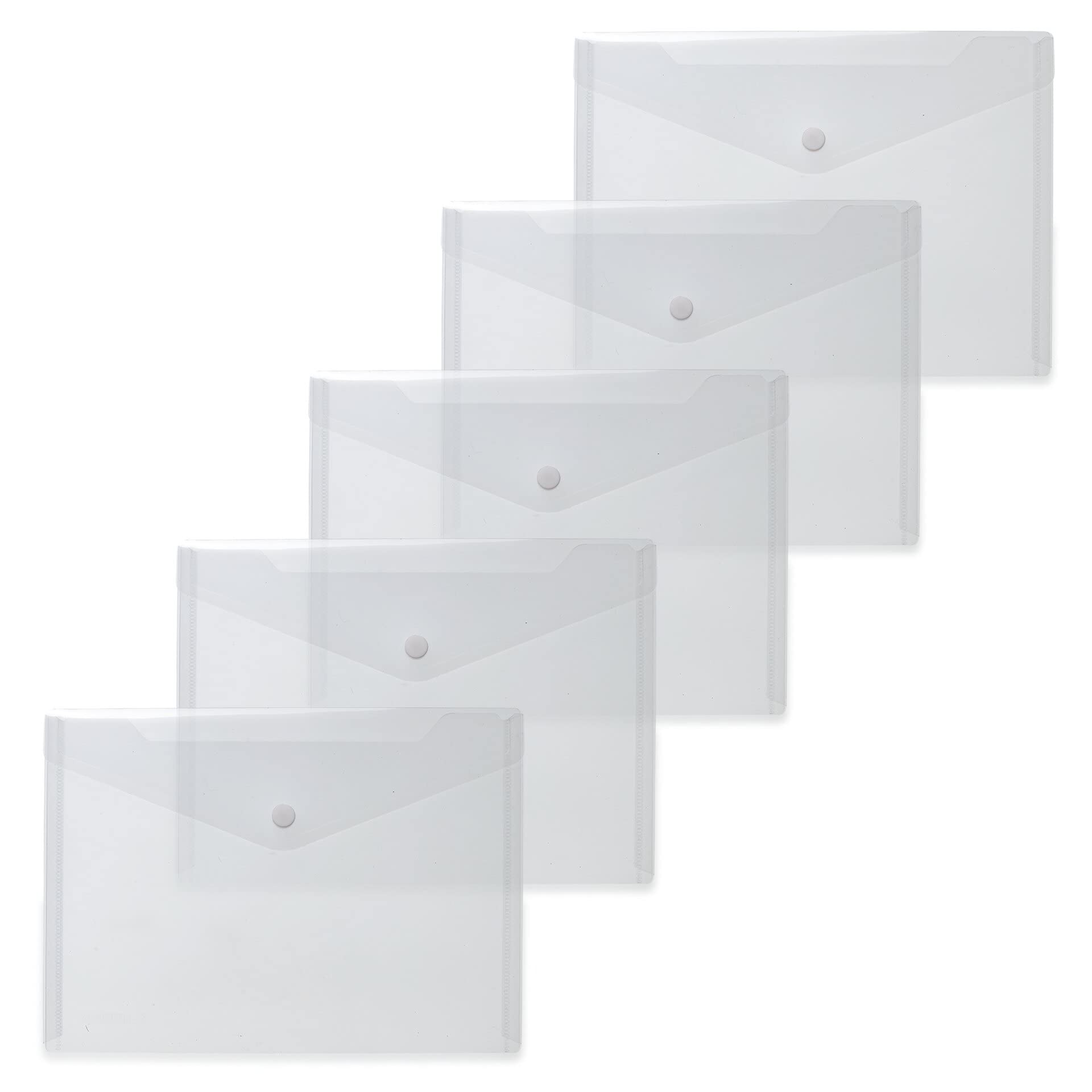 HERMA 20051 Document Wallets A5 Transparent White Pack of 5 Small Transparent Pockets Envelopes with Press Stud Closure Plastic Envelopes for School, University, Office, Travel