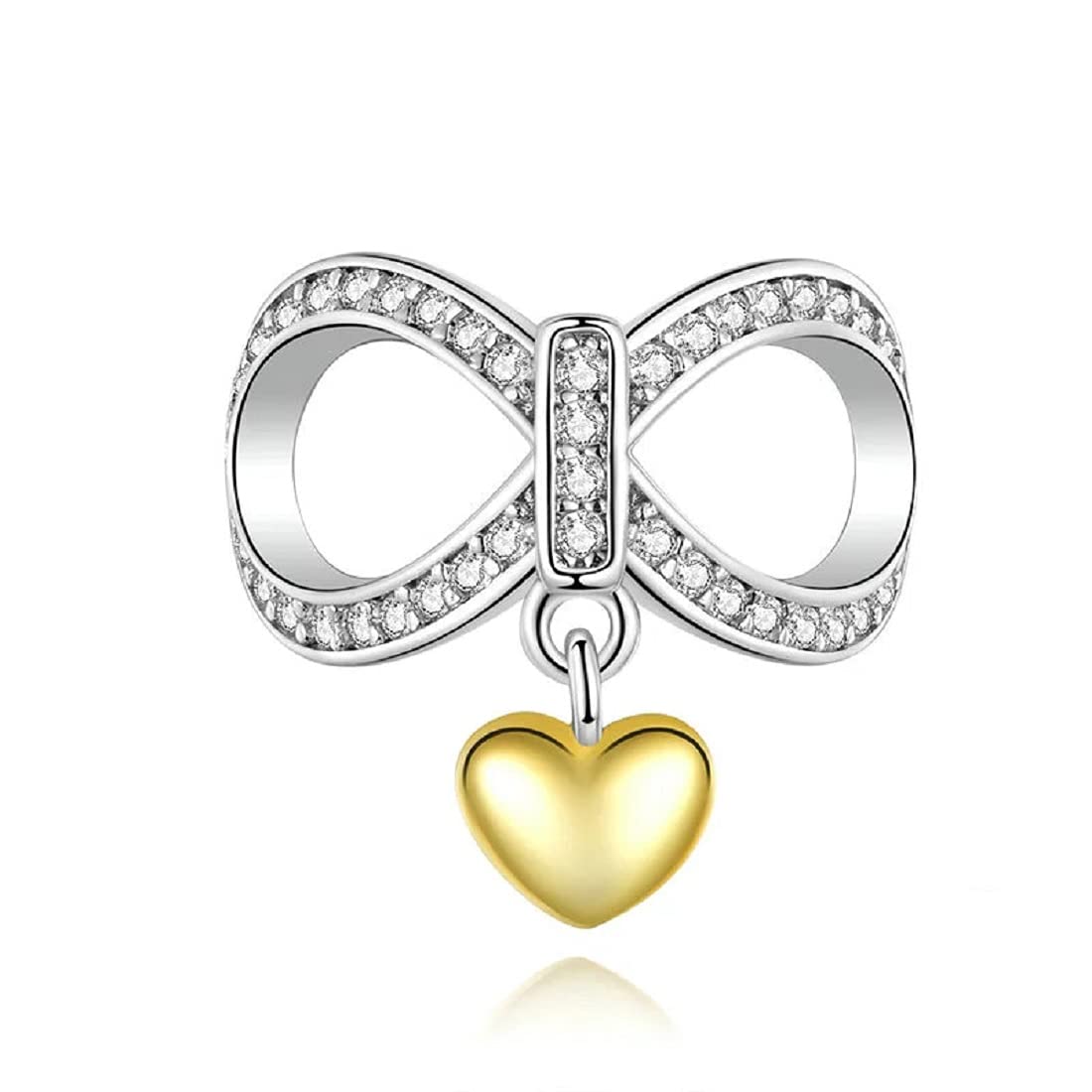 FeatherWish Sterling Silver 925 Infinity Love Forever Always Family Gold Heart Charm With Cubic Zirconia Compatible With Pandora Bracelet, European 3mm Bracelets Or Necklace