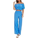 FANCYINN Women's Summer two Pieces Outfit Off Shoulder Balloon Sleeves Ruffle Crop Top and Wide Leg Pants Set Jumpsuits Sky Blue XL