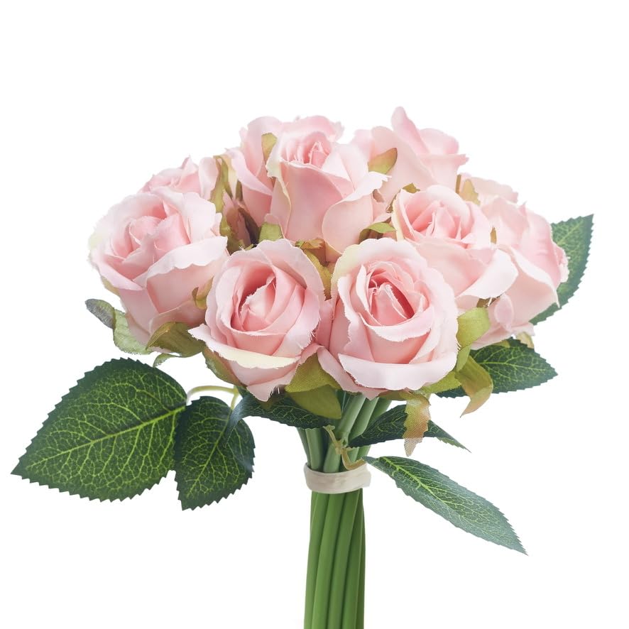 The Baked Studio – Silk Hand Tied Lila Bud Rose And Tea Rose 12-Piece Bouquet For Cake Decorating, Home Décor, Weddings, Bridesmade Bouquets and Crafts (Soft Pink Lila Bud Roses)