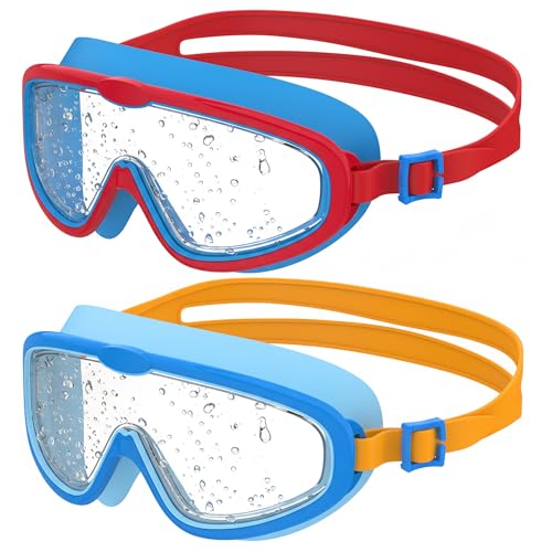Seaflar 2Pcs Large Frame Kids Swimming Goggles, Clear Vision Anti-fog, UV Protection, Quick Fit, Silicone Ring, Unisex Goggles for Children and Teens Ages 3 to 14