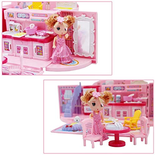 deAO 2-in-1-Spielset für Kinder in Rosa mit tragbarem Puppenhaus, Licht- und Musikfunktionen, Zubehör, Tragetasche und… – Bild 8
