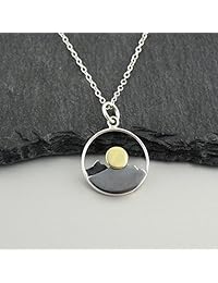 Plata de ley Mountain Range peaks con cadena de collar con colgante de sol paisaje de bronce, 18 inch