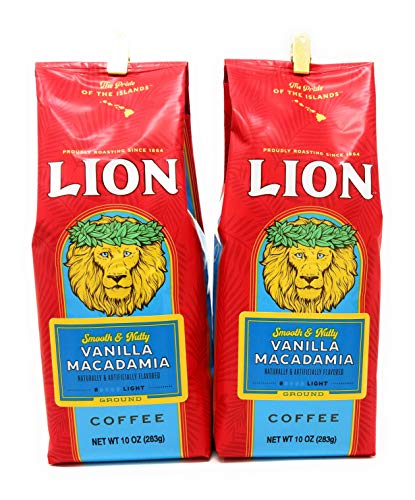 Hawaii Lion Coffee Vanilla Macadamia Ground Two 10 Ounce Bags in Crush Proof Corrugated Mailer Smooth & Nutty