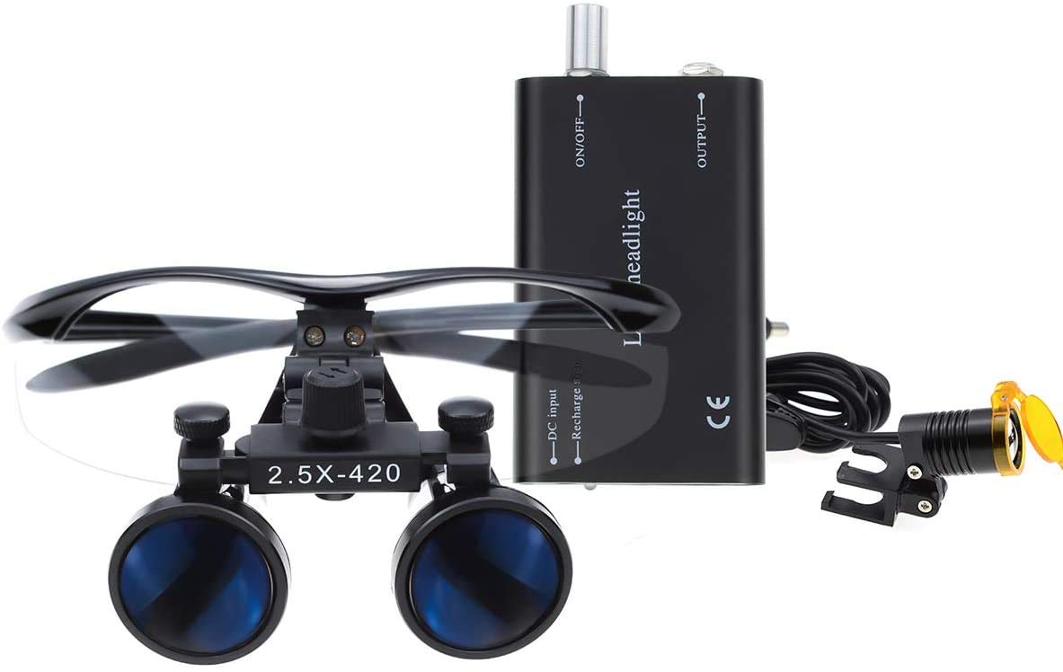 Mike Dental New Surgical Binocular Loupes 2.5x420MM Optical Glass Black Cone with Filter LED Head Light Lamp+ Cloth Bag