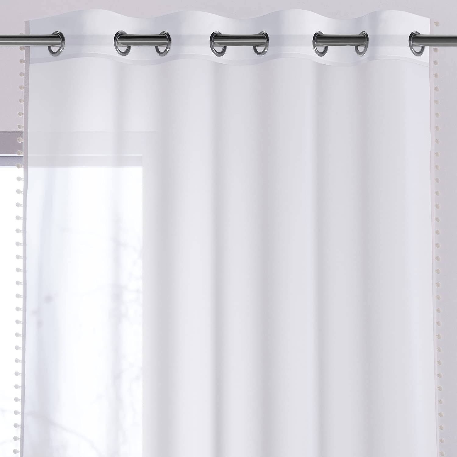 AmeliaHome Curtain 140 x 270 cm Semi-Transparent Eyelet Curtain Pompoms White