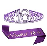16th Birthday Purple Tiara and Sash, Purple Satin Sash and Crystal Rhinestone Birthday Crown for Happy 16th Birthday Party Supplies Favors Decorations Gifts Cake Topper