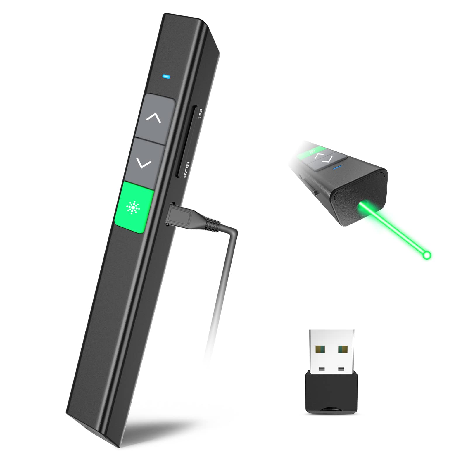 SSPONT Rechargeable Presentation Clicker for Powerpoint, Wireless Presentation Remote Green Laser Pointer for Presenter, Slide Advancer Keynote/PPT/Classroom/MacBook/Mac/Laptop/Windows/Linux (JH37G)