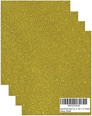 Dependable Craft 4 Sheets Gold Glitter Heat Transfer Vinyl - 12 in x 9.8 in- For T-Shirts, Clothes, Décor, Jerseys, Bows, Fabric, Polyester, Nylon - Iron-on