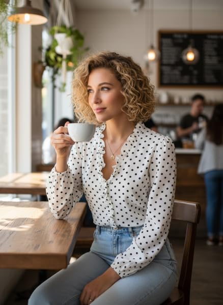 Am Direct Womens Tops Dressy Casual Spring Boho Floral V Neck Long Sleeve Half Button Down Shirt Work Business Blouses White