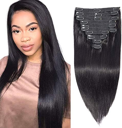 Brazilian Virgin Human Hair Grade 8A Straight Clip In Hair Extensions for Black Women 120g 10Pcs/set for Full Head Thick Double Weft 1B Natural Black Apeasex Hair (14 inch)