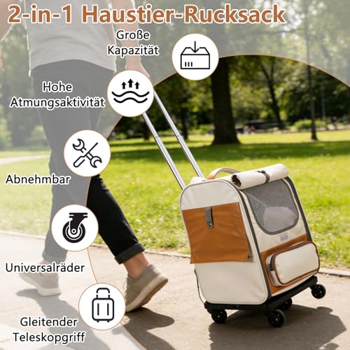 Cat Carrier Backpack, 3-in-1 with Wheels, Detachable Pet Backpack, with Sun Protection Roller Blinds, Ventilated Design, Multi Function Pet Rolling Carrier, for Dogs Cats Under 10kg or 22Lb (Beige)