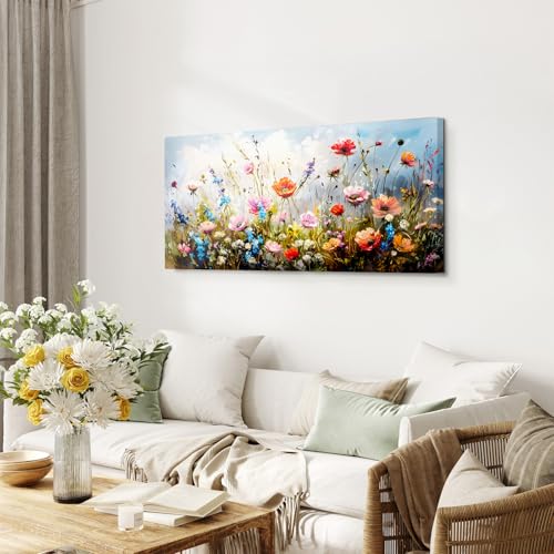 hyidecorart Large Modern Living Room Decoration Paintings, 59 x 119 cm, XXL Decorative Canvas, Wall, Bedroom, Decorative Wall Sheets, Blue Sky and Sea of Flowers, Wall Art Dining Room Office Hallway Bathroom