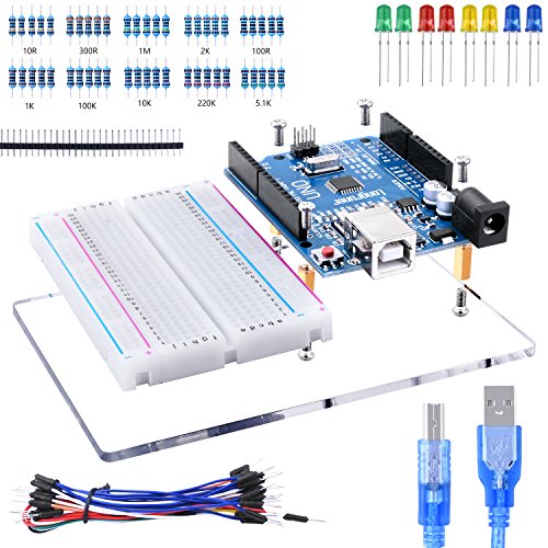 Longruner UNO R3 Project Starter Kit with tutorials, Breadboard Holder for Arduino, Jumper Wires, Resistor Kit, LED, USB Cable, Compatible with Arduino Mega 2560 Nano LK83
