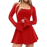 XXTAXN Women’s Sexy Flare Long Sleeve Square Neck Party Yoga Flowy Hem Mini Dress with Shorts