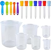 OTYMIOW Plastic Measuring Cups with Spoons and Droppers Set of 18 - Plastic Lab Graduated Beakers, Pipettes Dropper Baking Li