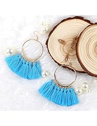 QUEFE 15 Pairs Tassel Earrings Bohemian Colorful Long Layered Thread Ball Dangle Earrings Tassel Hoop Fringe Tiered Tassel Drop Earrings Fashion Jewelry for Girls Women Valentine Birthday Party Gifts