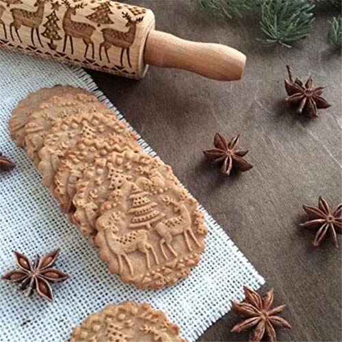 Christmas Wooden Rolling Pin 2 Packs, Embossing Rolling Pins with Engraved Christmas Deer Pattern, Christmas Themed Embossing Rollers, Christmas Symbols for Baking Embossed Cookies - Thumbnail 6