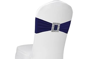 PWDAN 100 Pack Spandex Stretch Chair Sashes Bows Elastic Chair Cover Bands Ties with Buckle Slider for Wedding Party Banquet Restaurant Baby Shower Chairs Decorations (Navy Blue)