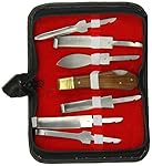 TAMSCO Stainless Steel Hoof Knife Set of Seven (7), with Six (6) Blades, All Wooden Handles, in Compact Set Zipper Case