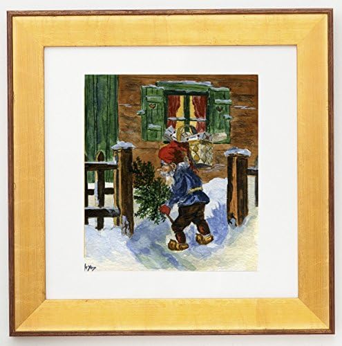 Framed and Matted Jultomten with Tree Giclee Print