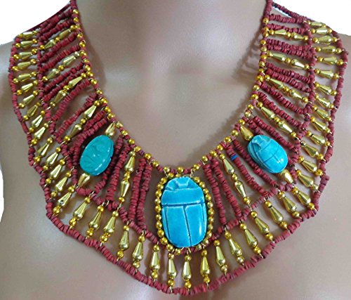 Egyptian Hand Made Multi Beaded Scarab Beads Cleopatra Nefertiti Queen Style 9.5" Necklace Collar Choker Pendant Christmas Halloween Ancient Egypt Pharaoh Costume Accessory Jewelry Belly Dance 234