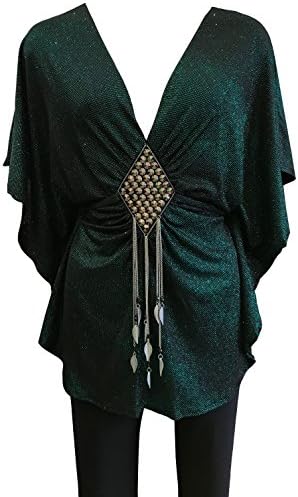 Dontyouwannabe DYWB Women's Glitter Kimono Sleeve Top With Embellished Front (Large, Green)