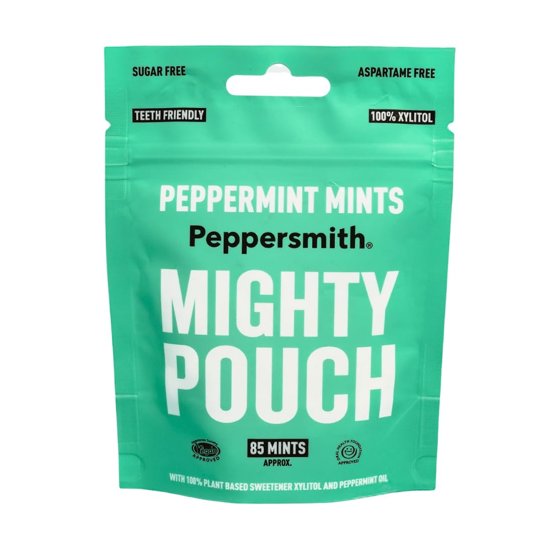 Peppersmith - British Peppermint Mints - 100% Plant Based Xylitol - Freshens Breath - Natural Flavours - Sugar Free Mints - Benefits Oral Health - Mighty Pouch - 50g
