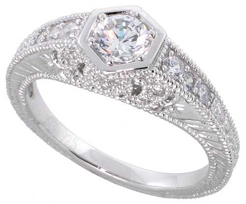 Sterling Silver Vintage Style Engagement Ring, w a 4mm (.25 ct) Round ...