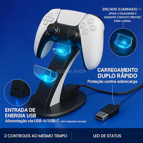 Base de Carregamento PS5 - Estação com Dock Duplo para Dois Controles com LED e Compatibilidade Total, Carregamento Rápido, Seguro e Proteção Contra Sobrecarga Suporte Ideal para Setup Gamer