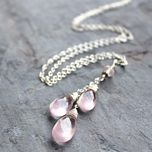 Rose Quartz Dangling Pendant Necklace Pink Teardrop Cascade Sterling Silver 18 Inch