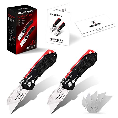 Box Cutters Utility Knives 2Pack, RegerKnife Carpet Razor Knife Heavy Duty with Belt Clip, Lock Back Design, Quick Change Blades, Extra 5 Blades for Cutting Cardboard, Leather, Aluminum, PVC Sheet