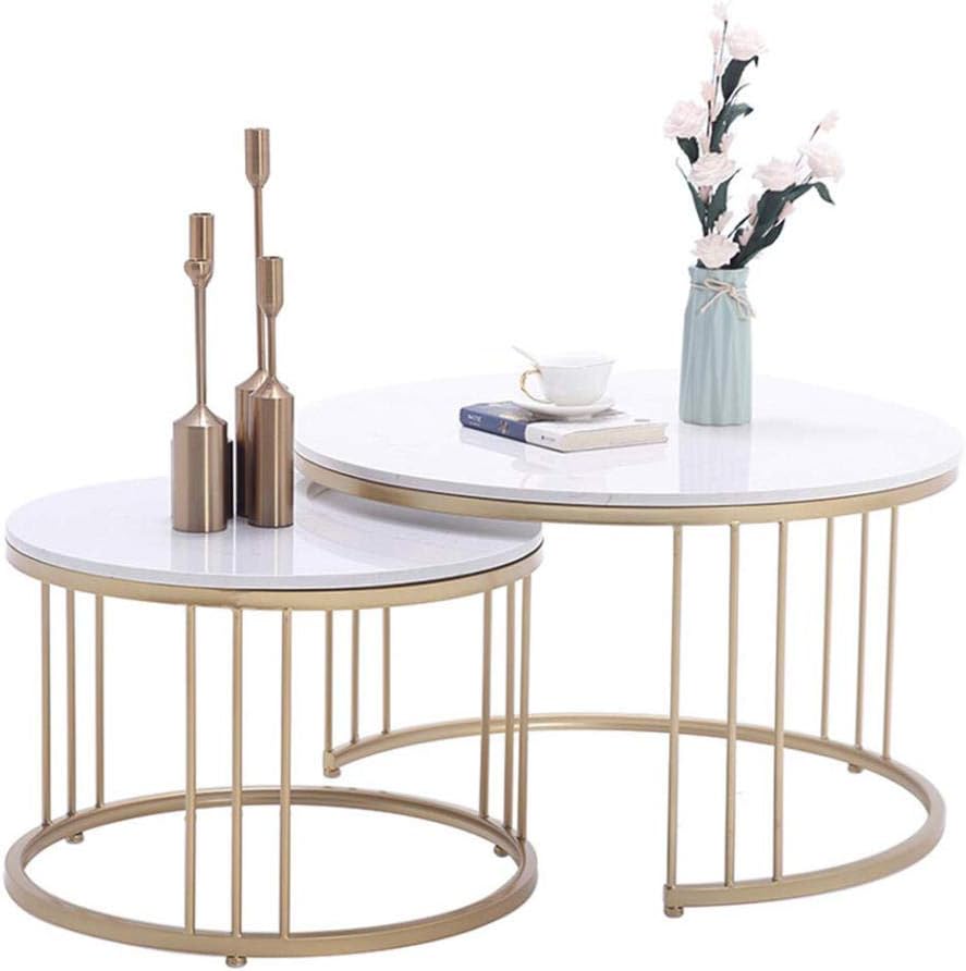 Round Coffee Table Set, Nesting Side Tables for Living Room, Coffee End Tables with Metal Golden Frame & Marble Deskop, Modern Nordic Furniture,white 80 * 45cm