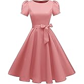 tagunop Women's Boatneck Vintage 1950s Cocktail Party Dress with Puff Sleeves